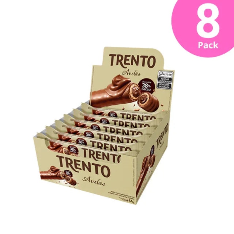 8-Pack Trento Hazelnut Milk Chocolate-Covered Wafer  8 x Box of 16 Units (29g Each)
