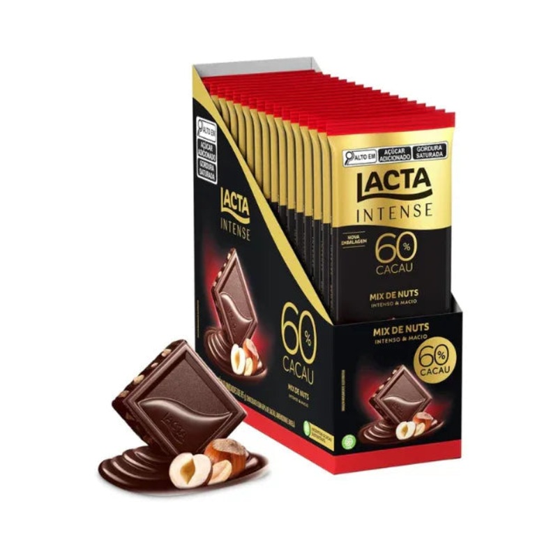 Lacta Intense 60% Cacao Dark Chocolate with Mixed Nuts  Box of 17 Bars (85g Each)
