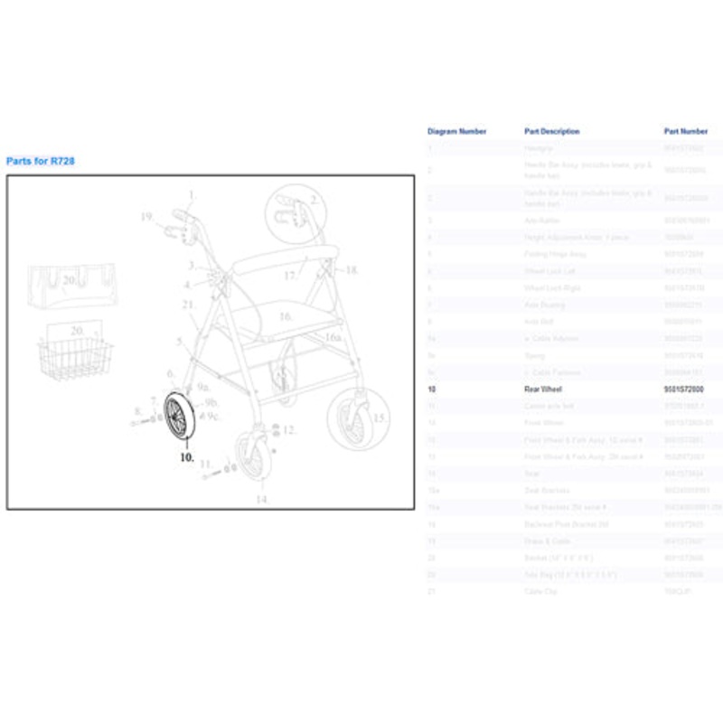 Front/Rear Wheel Assembly for Drive R728 Rollators