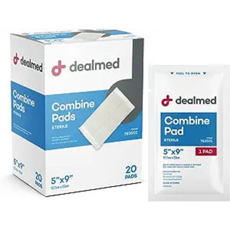 Roll over image to zoom in        Dealmed 5 x 9 Abdominal (ABD) Combine Pads, Sterile, Individually Wrapped, Disposable, Latex-Free Wound Dressing for First Aid Kit and Medical Facilities, 20/Box (Pack of 1) Online Price Only