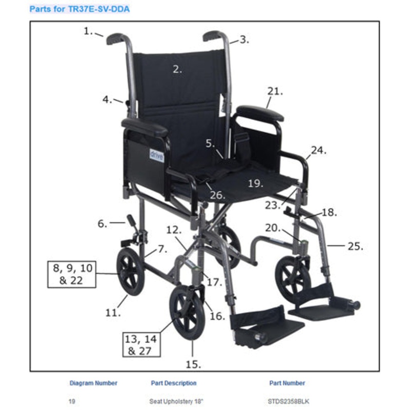 Seat Upholstery only for Drive Transport Chair 18 x16  Black
