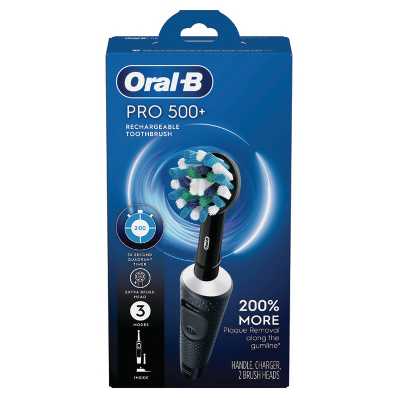 Oral-B Pro 500 + Electric Toothbrush with (2) Brush Heads, Rechargeable, Black