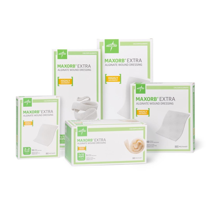 Maxorb Extra Dressings|1″ x 12″ Rope Box of 5|2″x2″  Box of 10|4″x4″ Box of 10|4″x8″ Box of 5