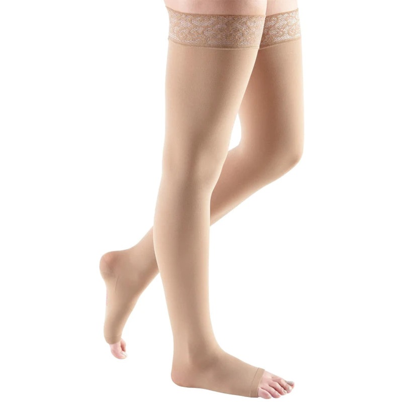 Medi Comfort 15-20mmHg Open Toe Thigh Length w/Lace Silicone Top Band – Petite